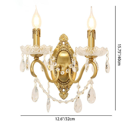 French Carved Full Brass Crystal 2-Light Wall Sconce Lamp