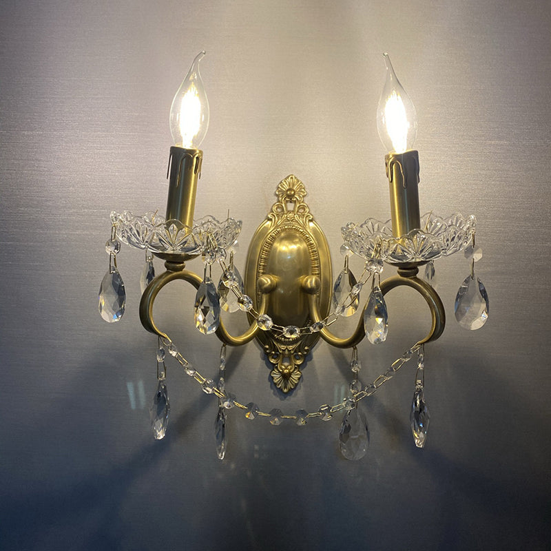 French Carved Full Brass Crystal 2-Light Wall Sconce Lamp