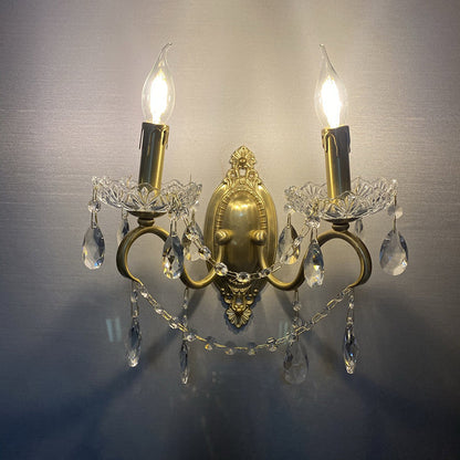 French Carved Full Brass Crystal 2-Light Wall Sconce Lamp