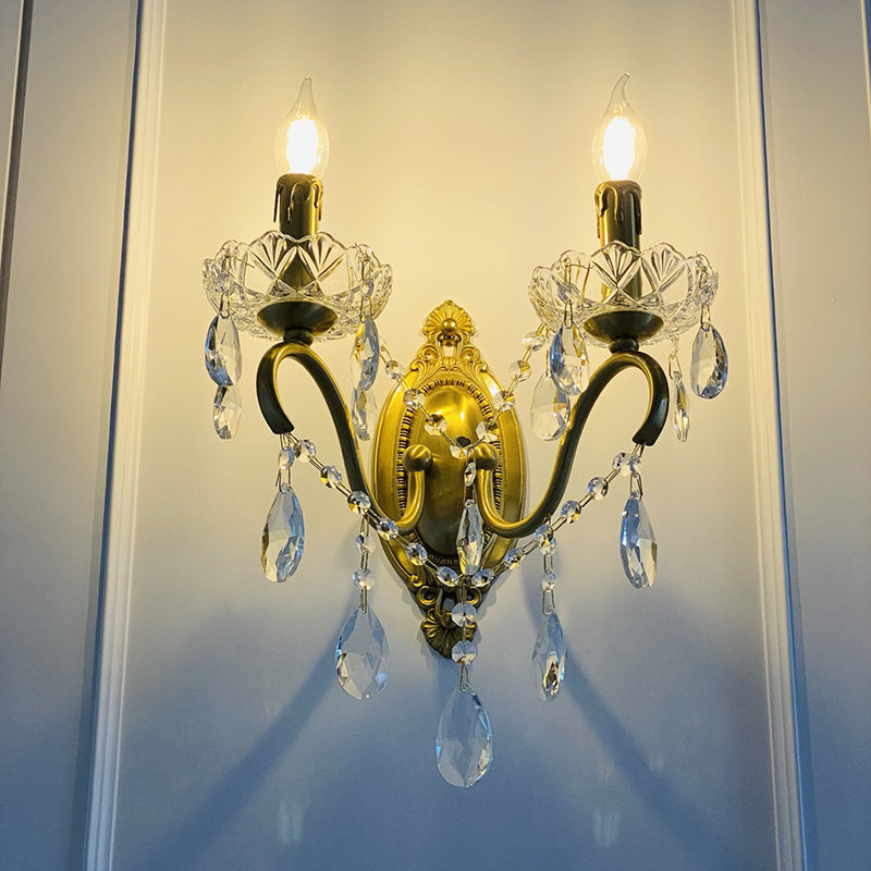 French Carved Full Brass Crystal 2-Light Wall Sconce Lamp