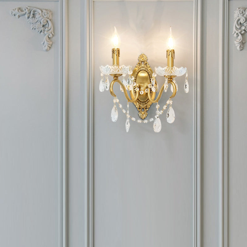 French Carved Full Brass Crystal 2-Light Wall Sconce Lamp