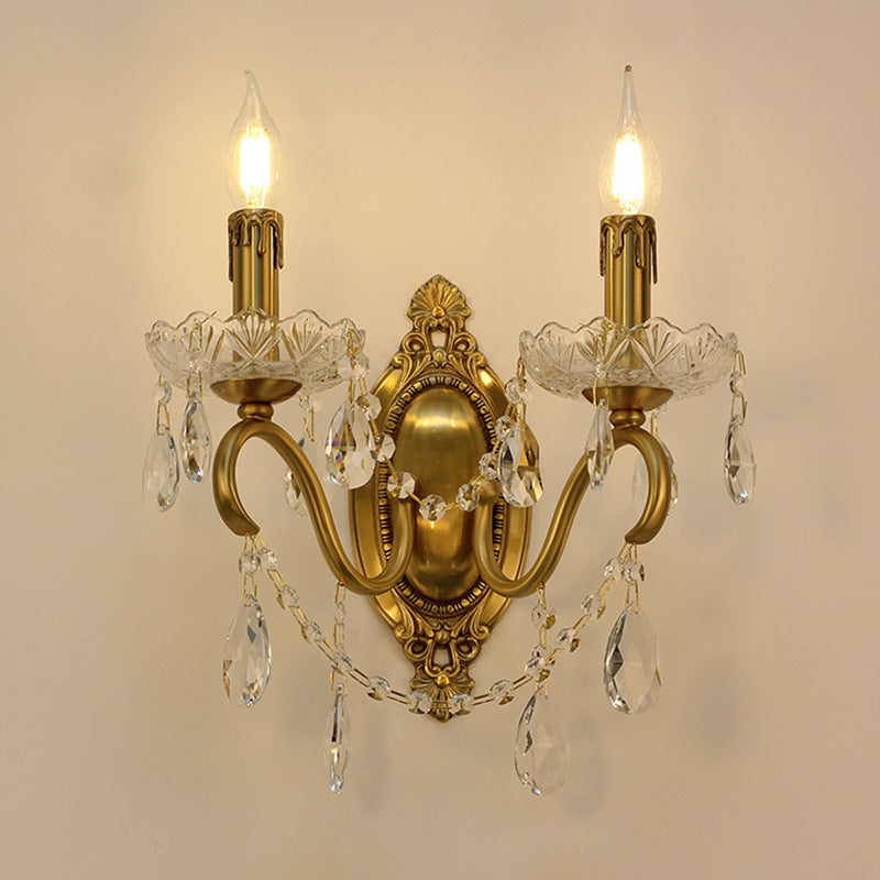 French Carved Full Brass Crystal 2-Light Wall Sconce Lamp