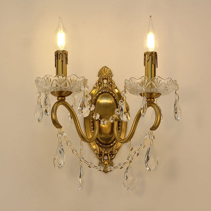 French Carved Full Brass Crystal 2-Light Wall Sconce Lamp