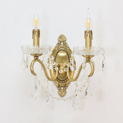 French Carved Full Brass Crystal 2-Light Wall Sconce Lamp