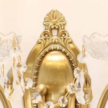 French Carved Full Brass Crystal 2-Light Wall Sconce Lamp