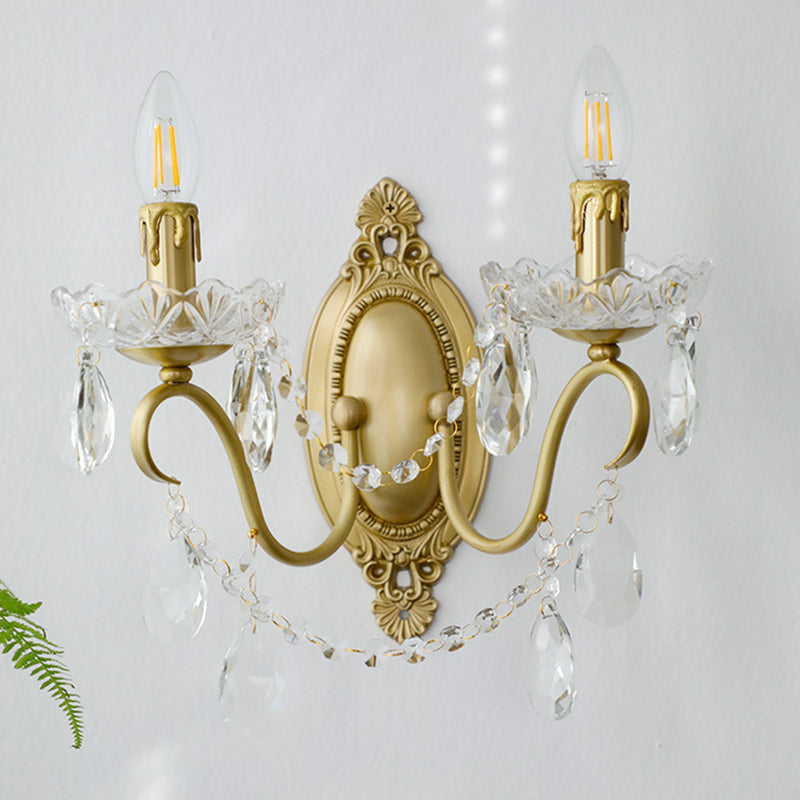 French Carved Full Brass Crystal 2-Light Wall Sconce Lamp