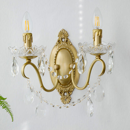 French Carved Full Brass Crystal 2-Light Wall Sconce Lamp