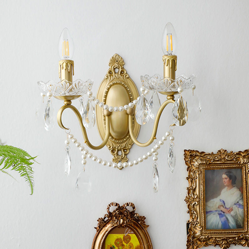 French Carved Full Brass Crystal 2-Light Wall Sconce Lamp