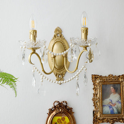 French Carved Full Brass Crystal 2-Light Wall Sconce Lamp