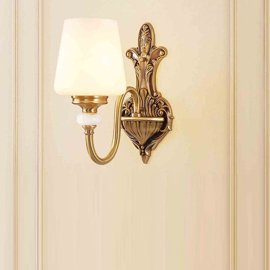 Round Pole Carved Brass Glass 1/2 Light Wall Sconce Lamp