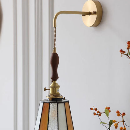 Round Brass Stained Glass Shade 1-Light Wall Sconce Lamp