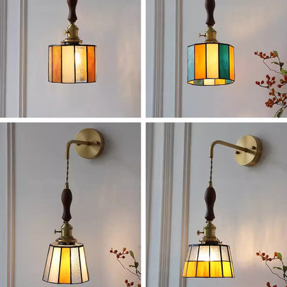 Round Brass Stained Glass Shade 1-Light Wall Sconce Lamp