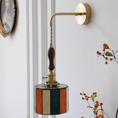 Round Brass Stained Glass Shade 1-Light Wall Sconce Lamp