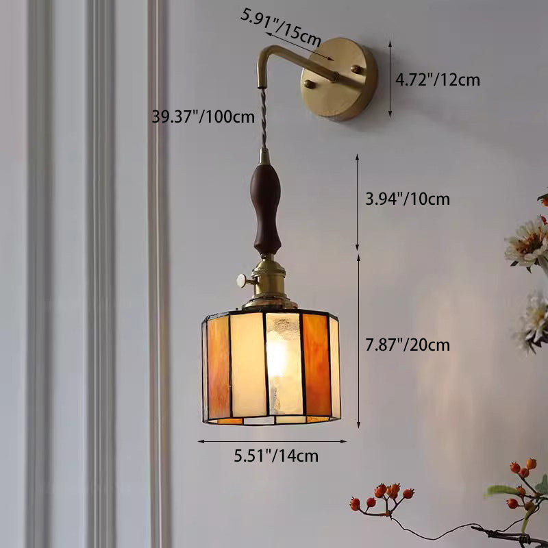 Round Brass Stained Glass Shade 1-Light Wall Sconce Lamp