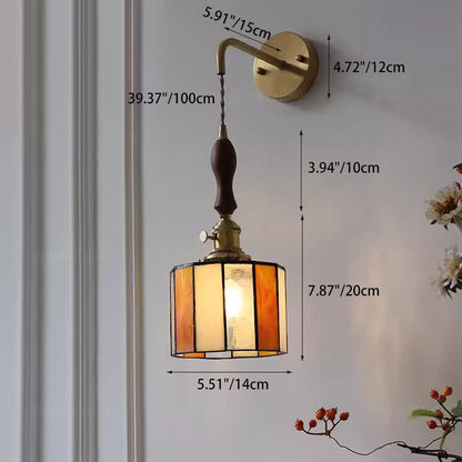 Round Brass Stained Glass Shade 1-Light Wall Sconce Lamp