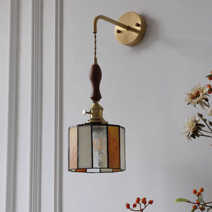 Round Brass Stained Glass Shade 1-Light Wall Sconce Lamp