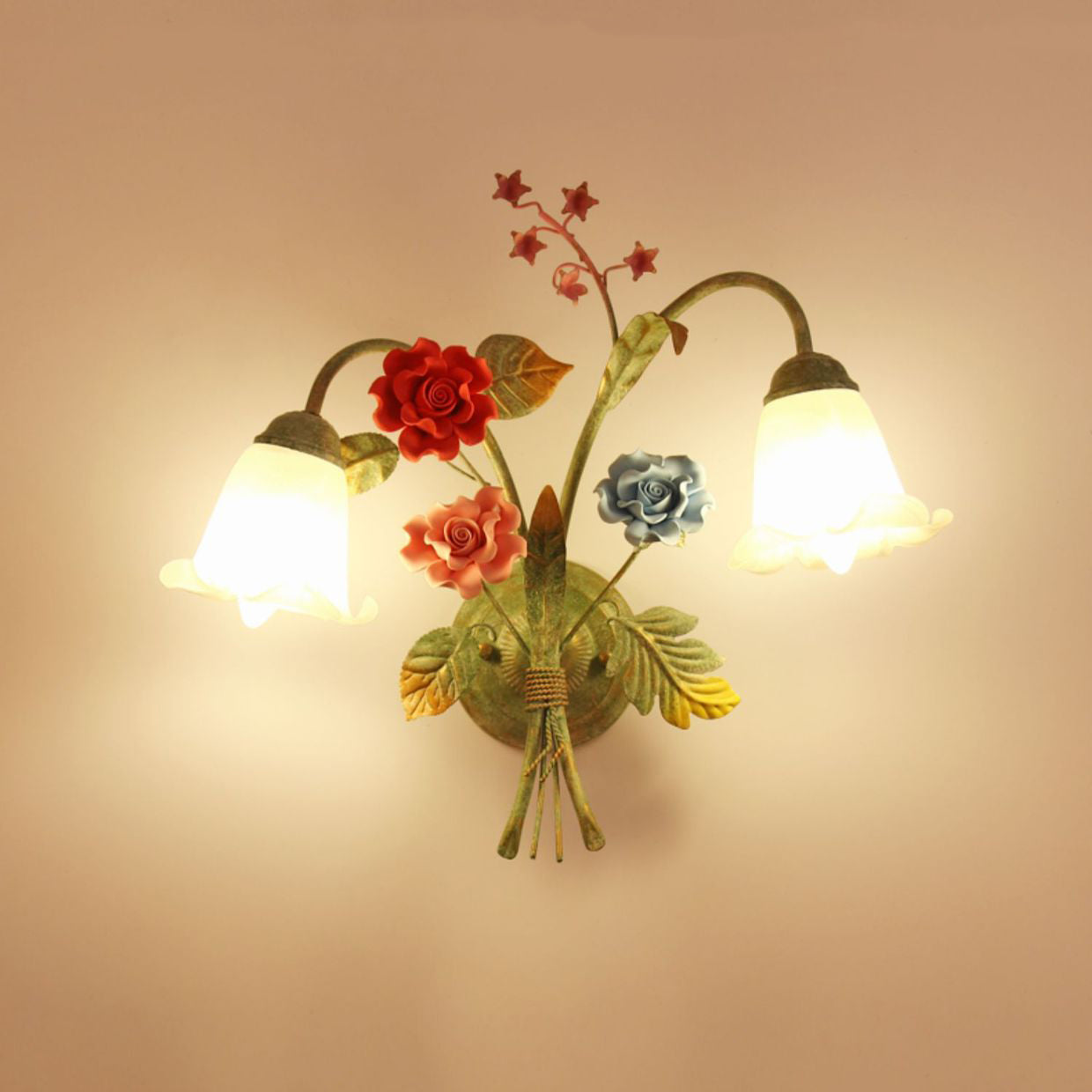 Faux Iron Frame Glass Shade 1/2 Light Wall Sconce Lamp