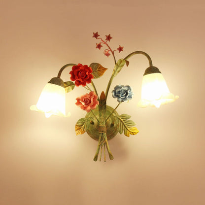 Faux Iron Frame Glass Shade 1/2 Light Wall Sconce Lamp
