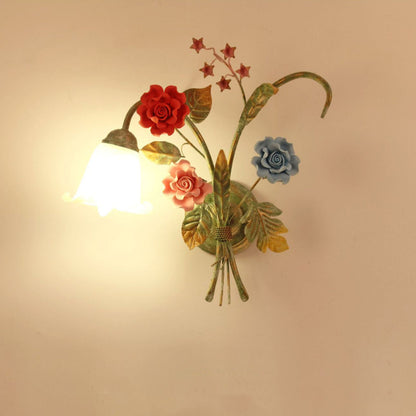 Faux Iron Frame Glass Shade 1/2 Light Wall Sconce Lamp