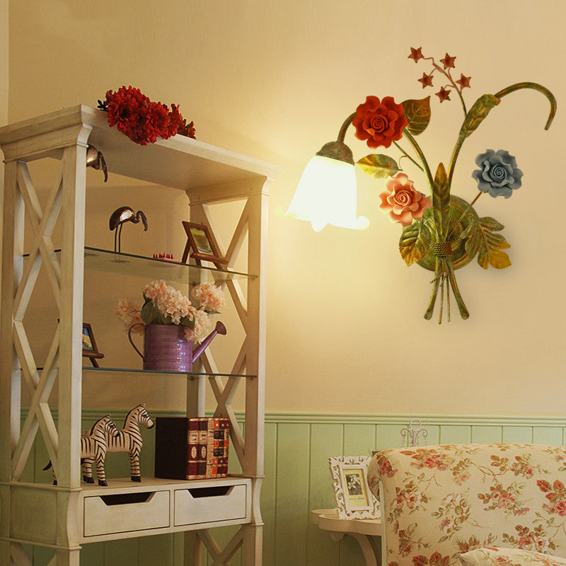 Faux Iron Frame Glass Shade 1/2 Light Wall Sconce Lamp