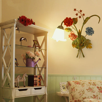 Faux Iron Frame Glass Shade 1/2 Light Wall Sconce Lamp