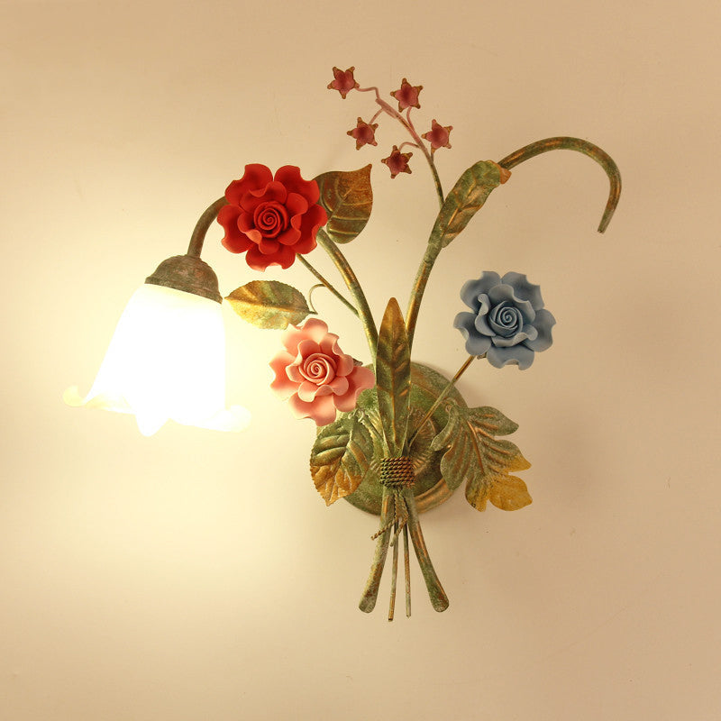 Faux Iron Frame Glass Shade 1/2 Light Wall Sconce Lamp
