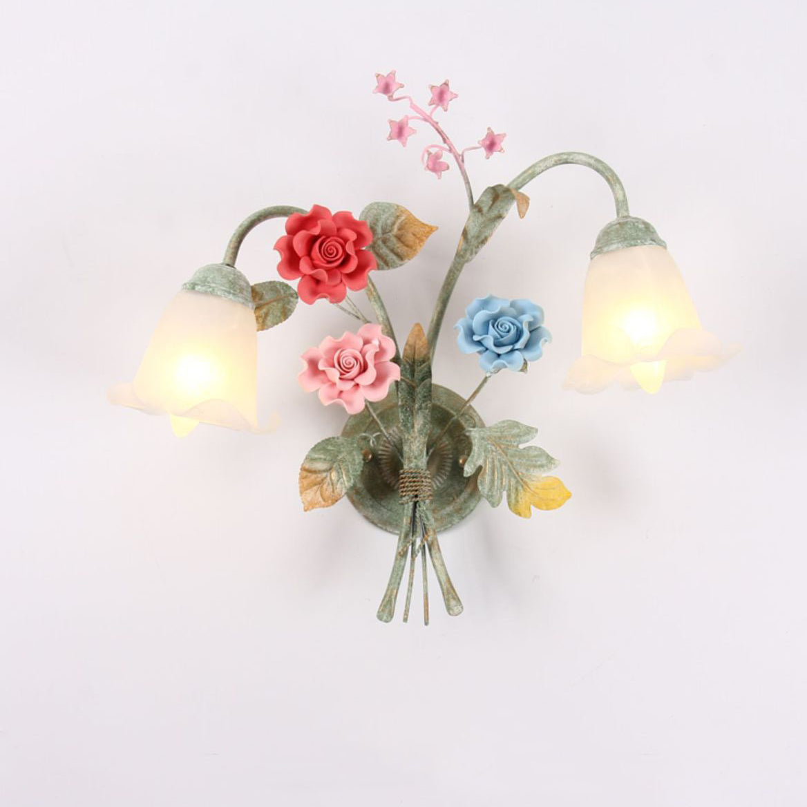 Faux Iron Frame Glass Shade 1/2 Light Wall Sconce Lamp