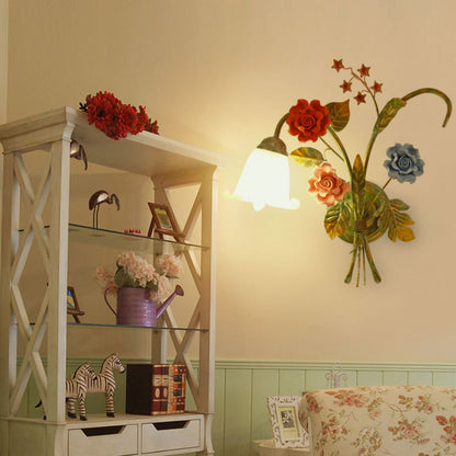 Faux Iron Frame Glass Shade 1/2 Light Wall Sconce Lamp