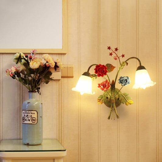Faux Iron Frame Glass Shade 1/2 Light Wall Sconce Lamp