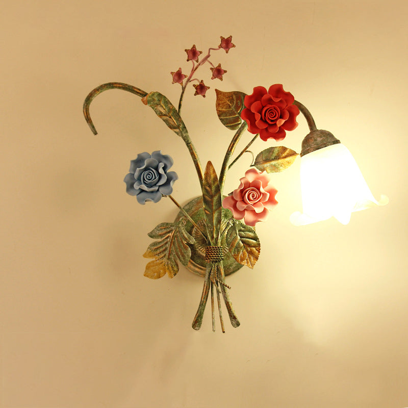 Faux Iron Frame Glass Shade 1/2 Light Wall Sconce Lamp
