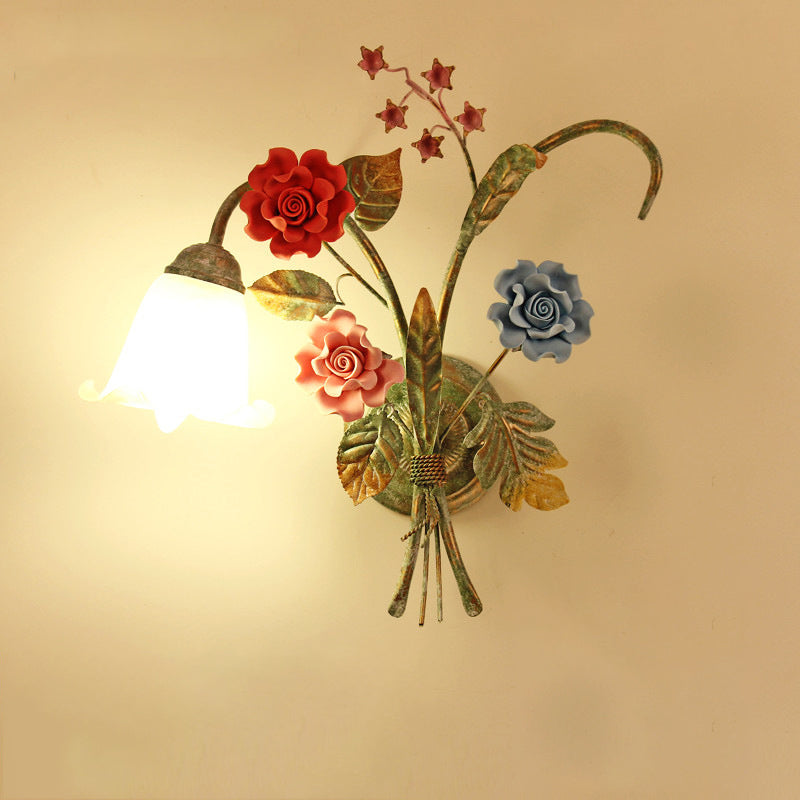 Faux Iron Frame Glass Shade 1/2 Light Wall Sconce Lamp