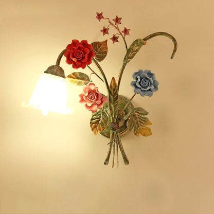 Faux Iron Frame Glass Shade 1/2 Light Wall Sconce Lamp