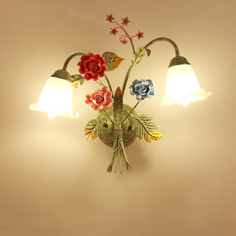 Faux Iron Frame Glass Shade 1/2 Light Wall Sconce Lamp