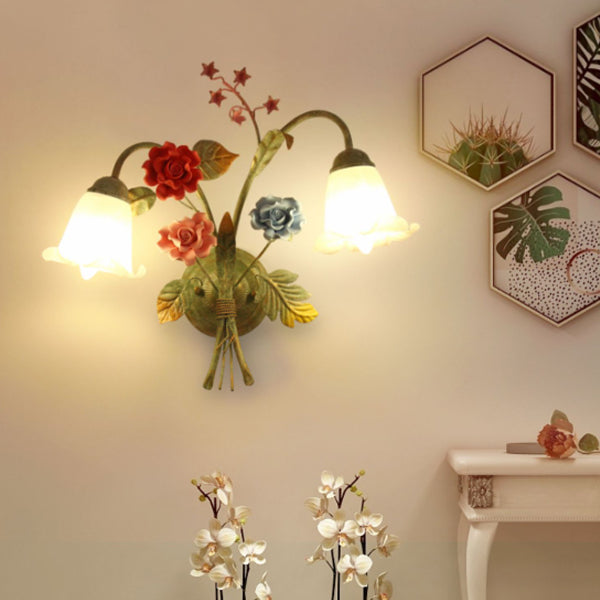 Faux Iron Frame Glass Shade 1/2 Light Wall Sconce Lamp