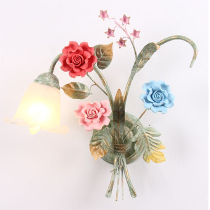 Faux Iron Frame Glass Shade 1/2 Light Wall Sconce Lamp