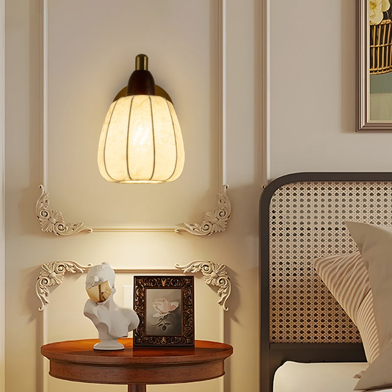 French Fabric Shade Wood Hardware 1-Light Wall Sconce Lamp