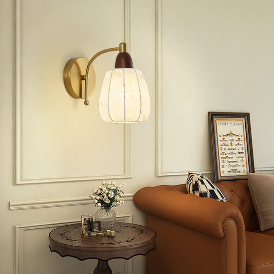 French Fabric Shade Wood Hardware 1-Light Wall Sconce Lamp