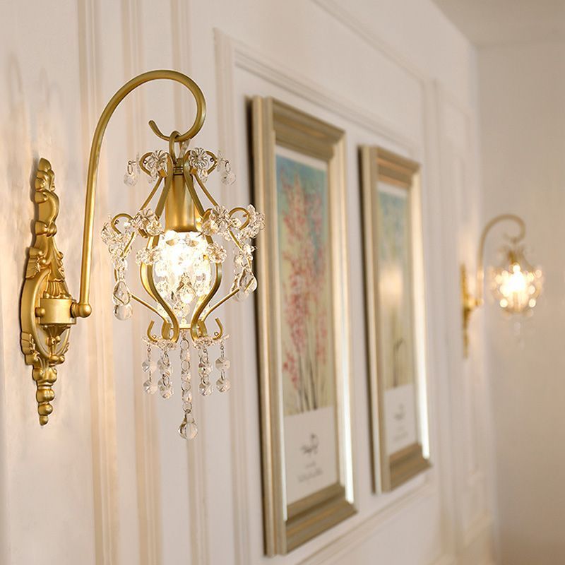 French Iron Frame Crystal Shade 1-Light Wall Sconce Lamp