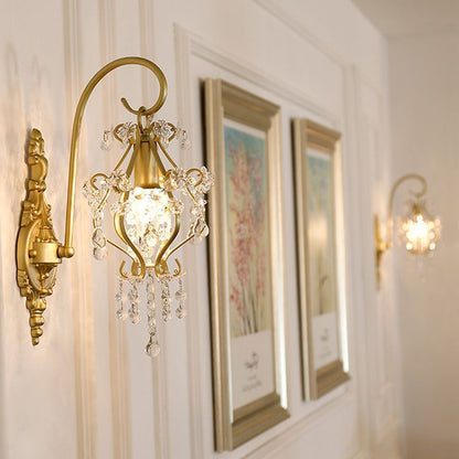 French Iron Frame Crystal Shade 1-Light Wall Sconce Lamp