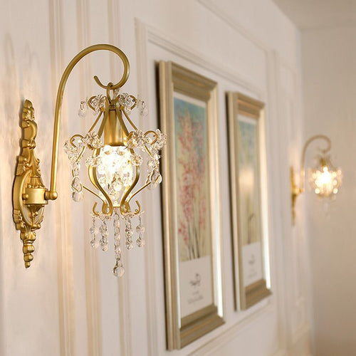 French Iron Frame Crystal Shade 1-Light Wall Sconce Lamp