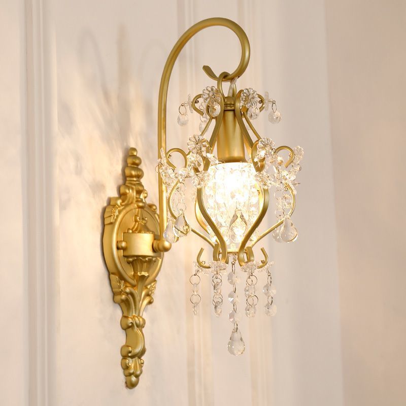French Iron Frame Crystal Shade 1-Light Wall Sconce Lamp