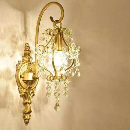 French Iron Frame Crystal Shade 1-Light Wall Sconce Lamp