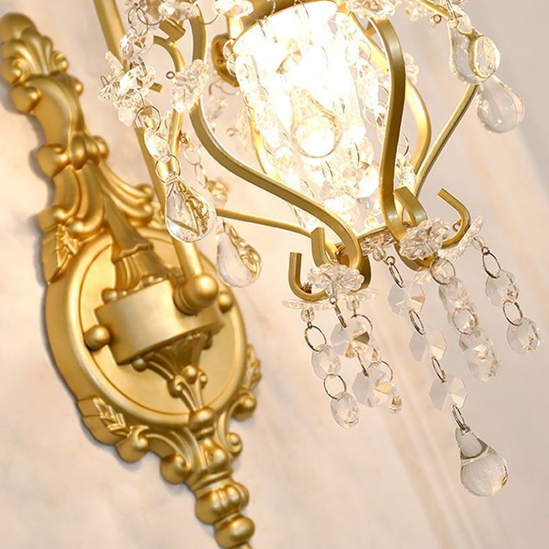 French Iron Frame Crystal Shade 1-Light Wall Sconce Lamp