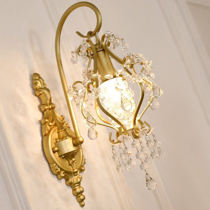 French Iron Frame Crystal Shade 1-Light Wall Sconce Lamp