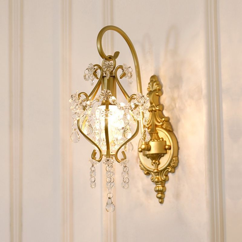 French Iron Frame Crystal Shade 1-Light Wall Sconce Lamp