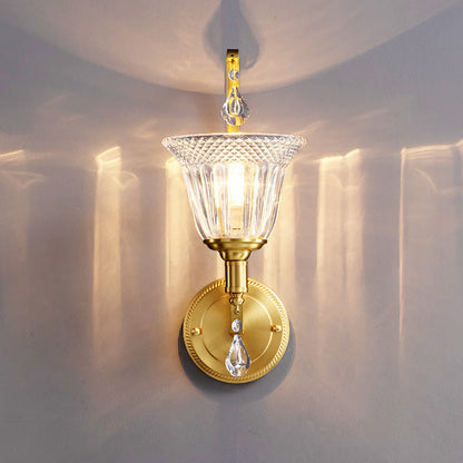Curved Pole Cup Shape Copper Glass 1-Light Wall Sconce Lamp
