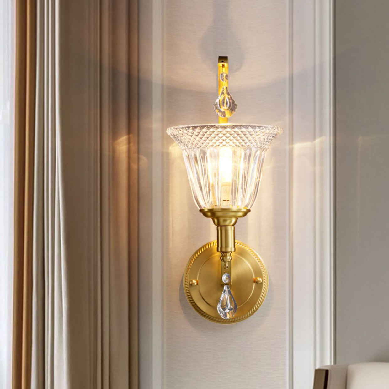 Curved Pole Cup Shape Copper Glass 1-Light Wall Sconce Lamp