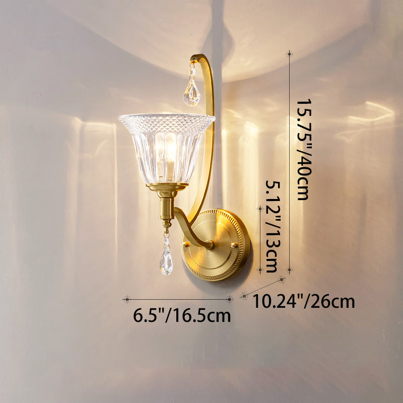 Curved Pole Cup Shape Copper Glass 1-Light Wall Sconce Lamp