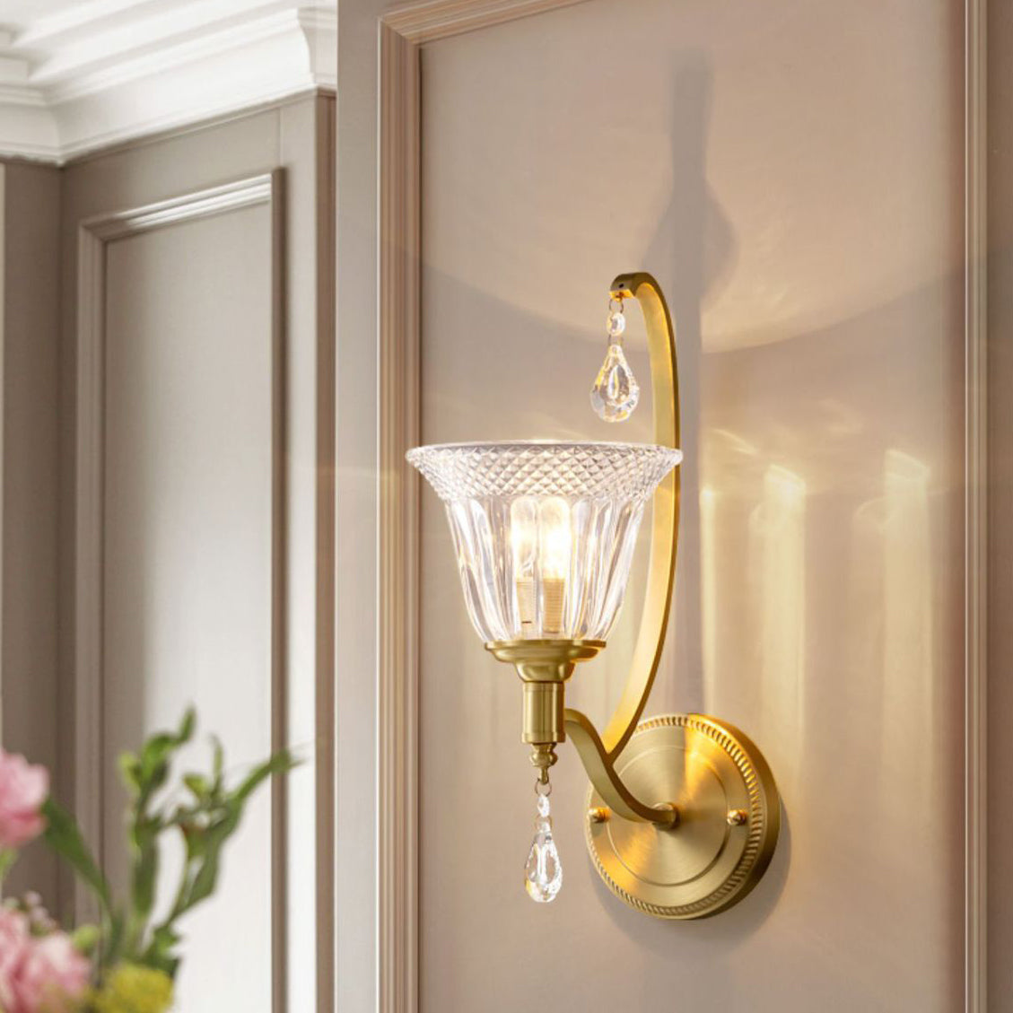 Curved Pole Cup Shape Copper Glass 1-Light Wall Sconce Lamp
