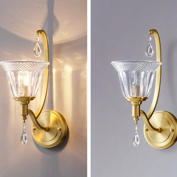 Curved Pole Cup Shape Copper Glass 1-Light Wall Sconce Lamp